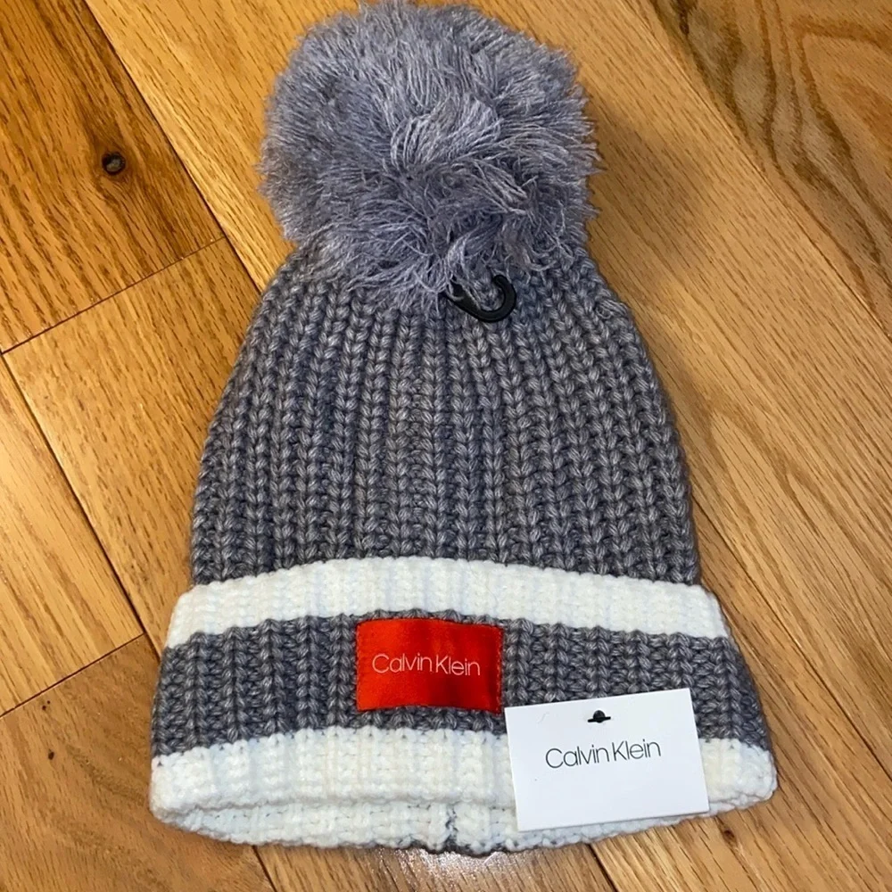 NEW Calvin Klein grey/red beanie with pom